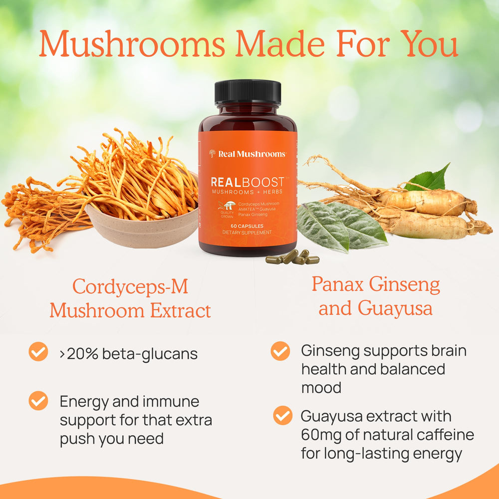 Real Mushrooms RealBoost mix-in option shown for beverages and meals.