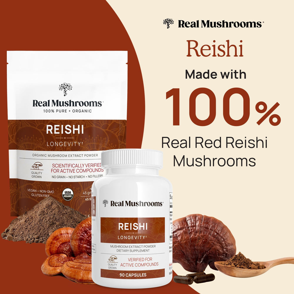 Real Mushrooms Reishi bottle pour demonstrates easy daily dosing.