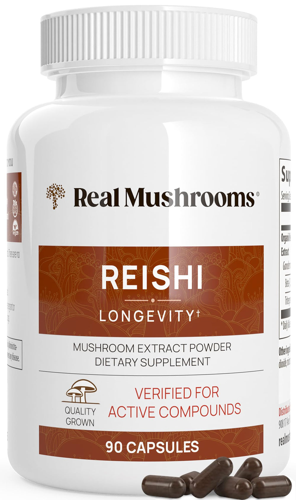 Real Mushrooms Reishi capsules bottle front highlights vegan organic formula for daily wellness.