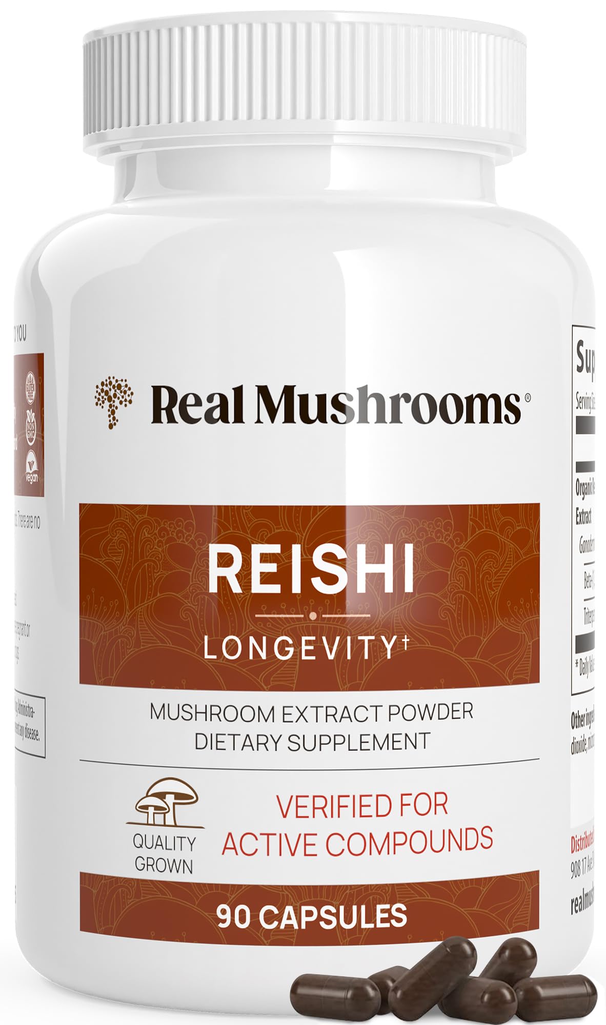 Real Mushrooms Reishi capsules bottle front highlights vegan organic formula for daily wellness.