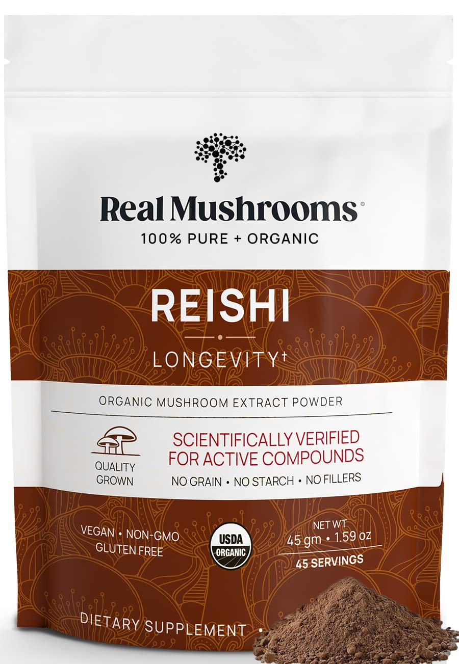 Real Mushrooms Reishi powder bottle pour for daily routine.