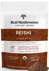 Real Mushrooms Reishi powder bottle pour for daily routine.