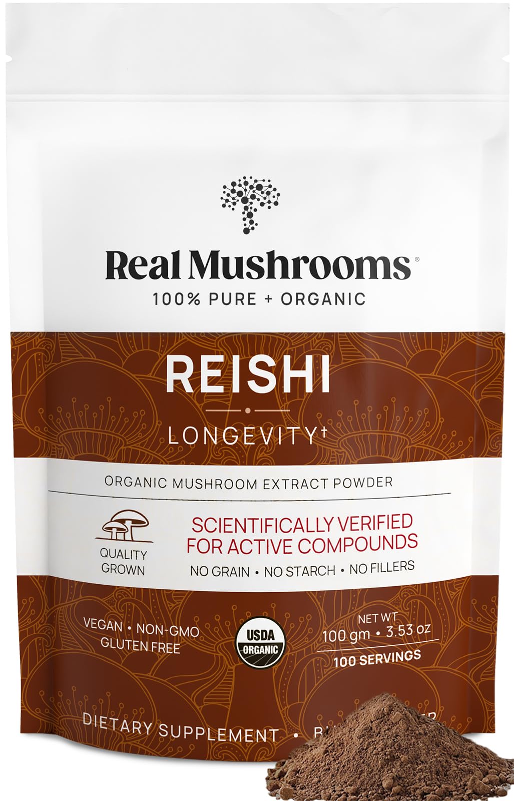 Real Mushrooms Reishi powder front label highlights organic red reishi extract for daily wellness.