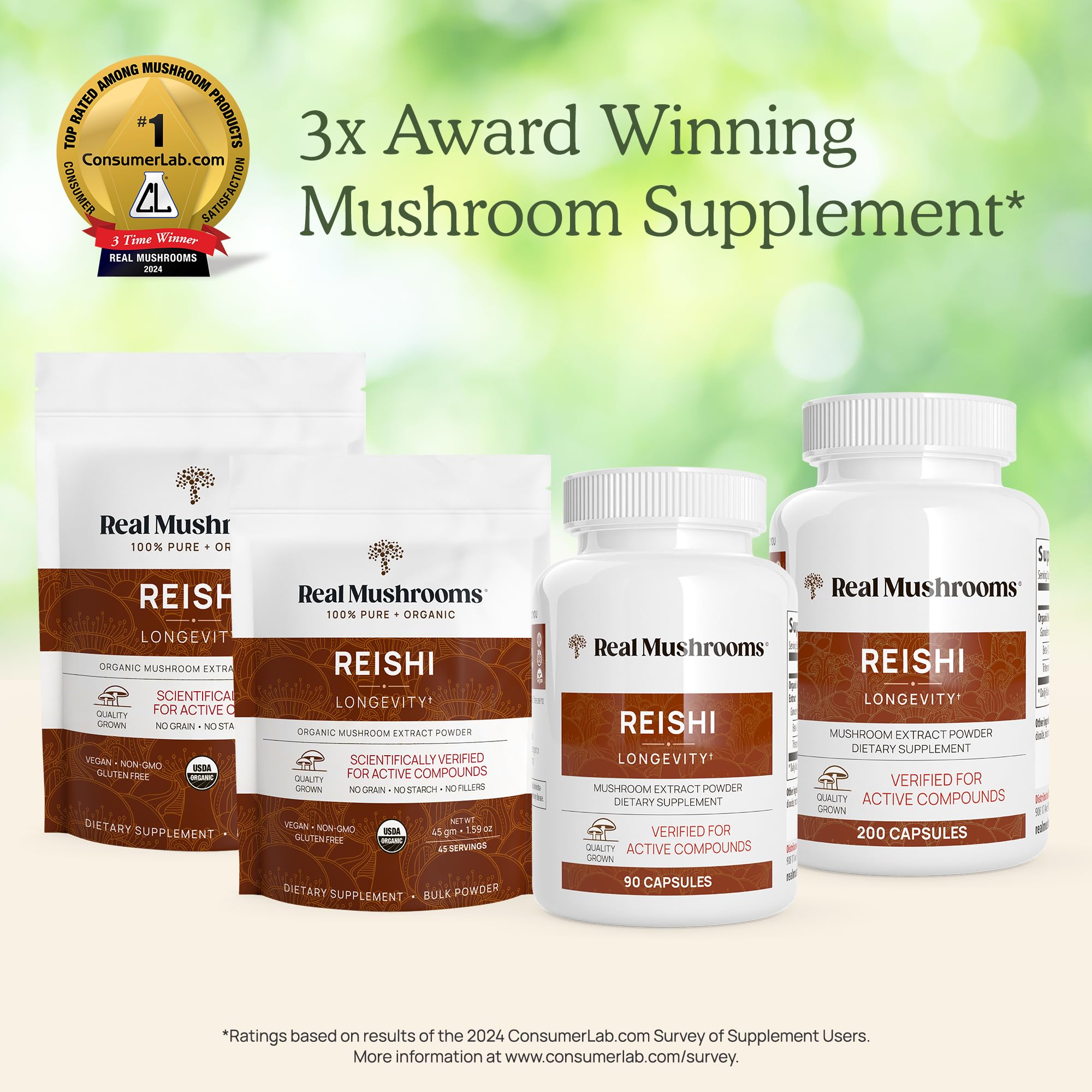 Real Mushrooms Reishi powder packaging displaying USDA Organic badge.