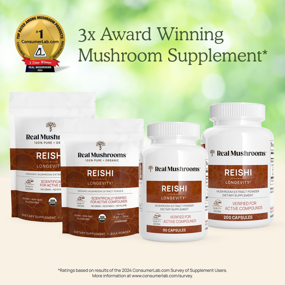 Real Mushrooms Reishi powder packaging displaying USDA Organic badge.