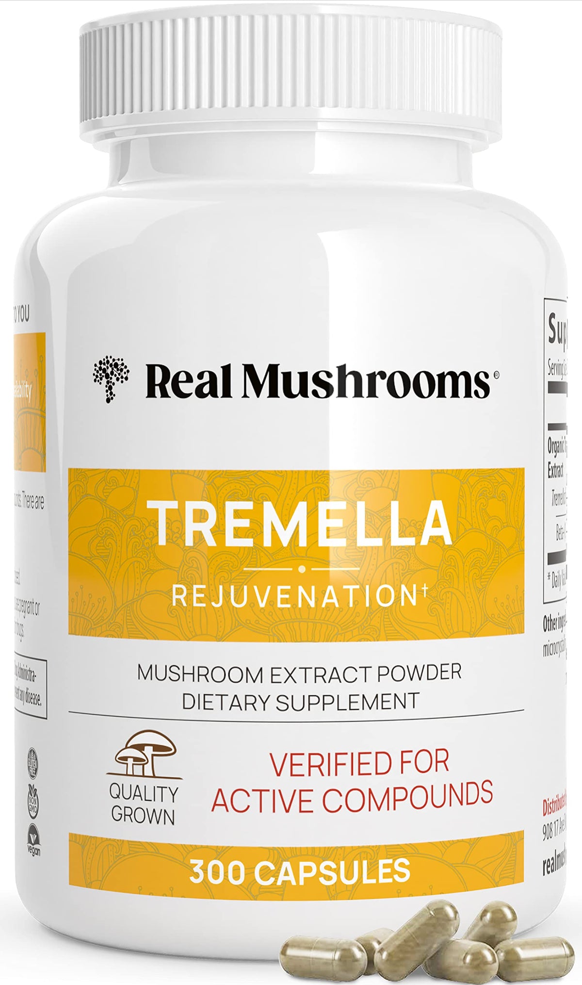 Real Mushrooms Tremella capsules bottle promotes clean-label daily wellness.