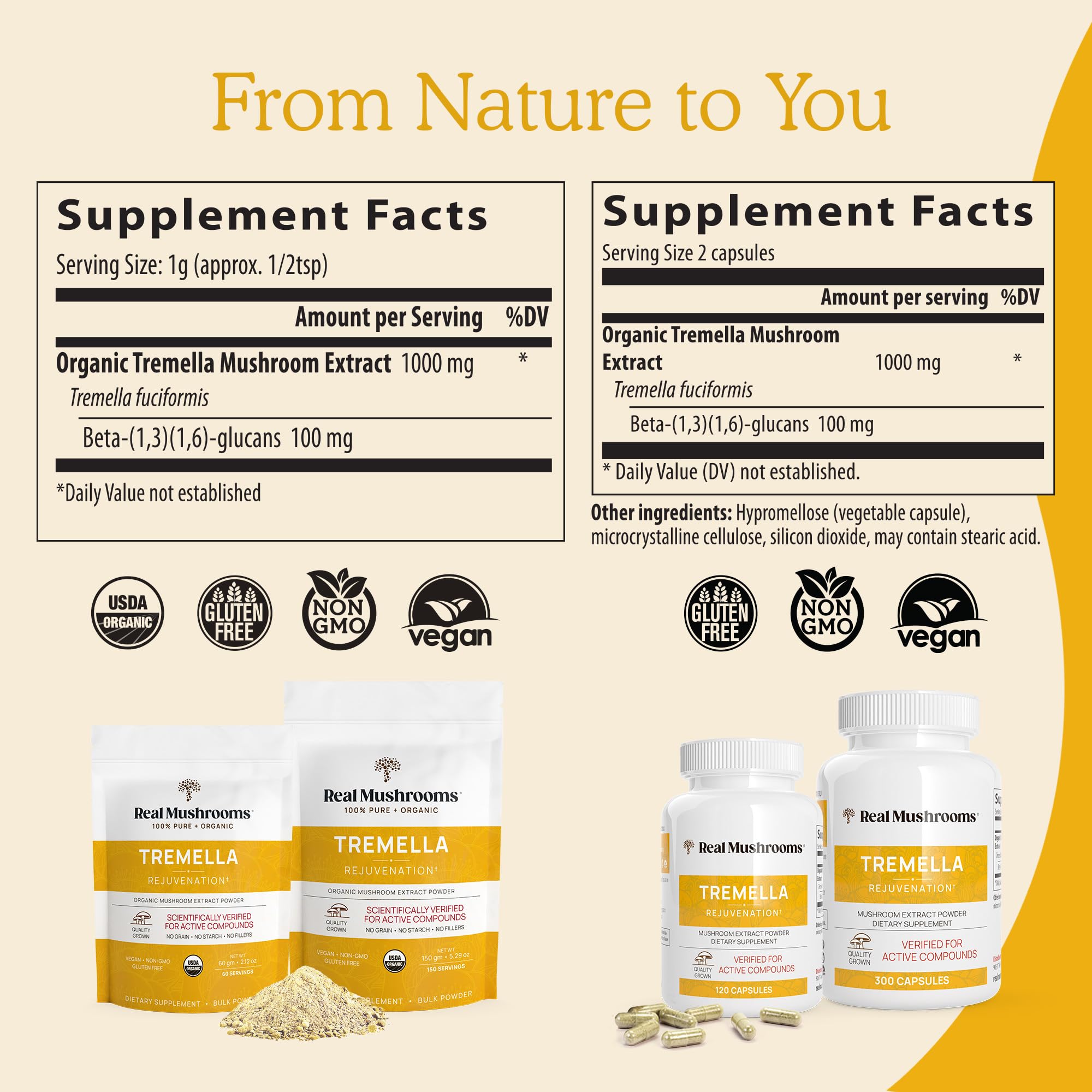 Real Mushrooms Tremella capsules closeup shows clean-label, grain-free daily capsules.