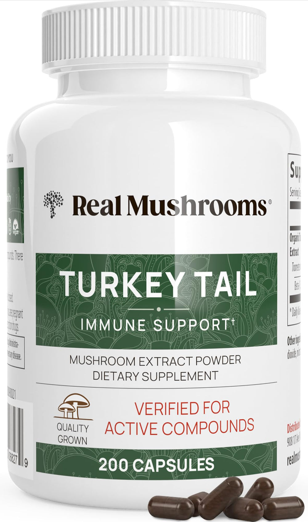 Real Mushrooms Turkey Tail capsules bottle closeup for daily wellness support