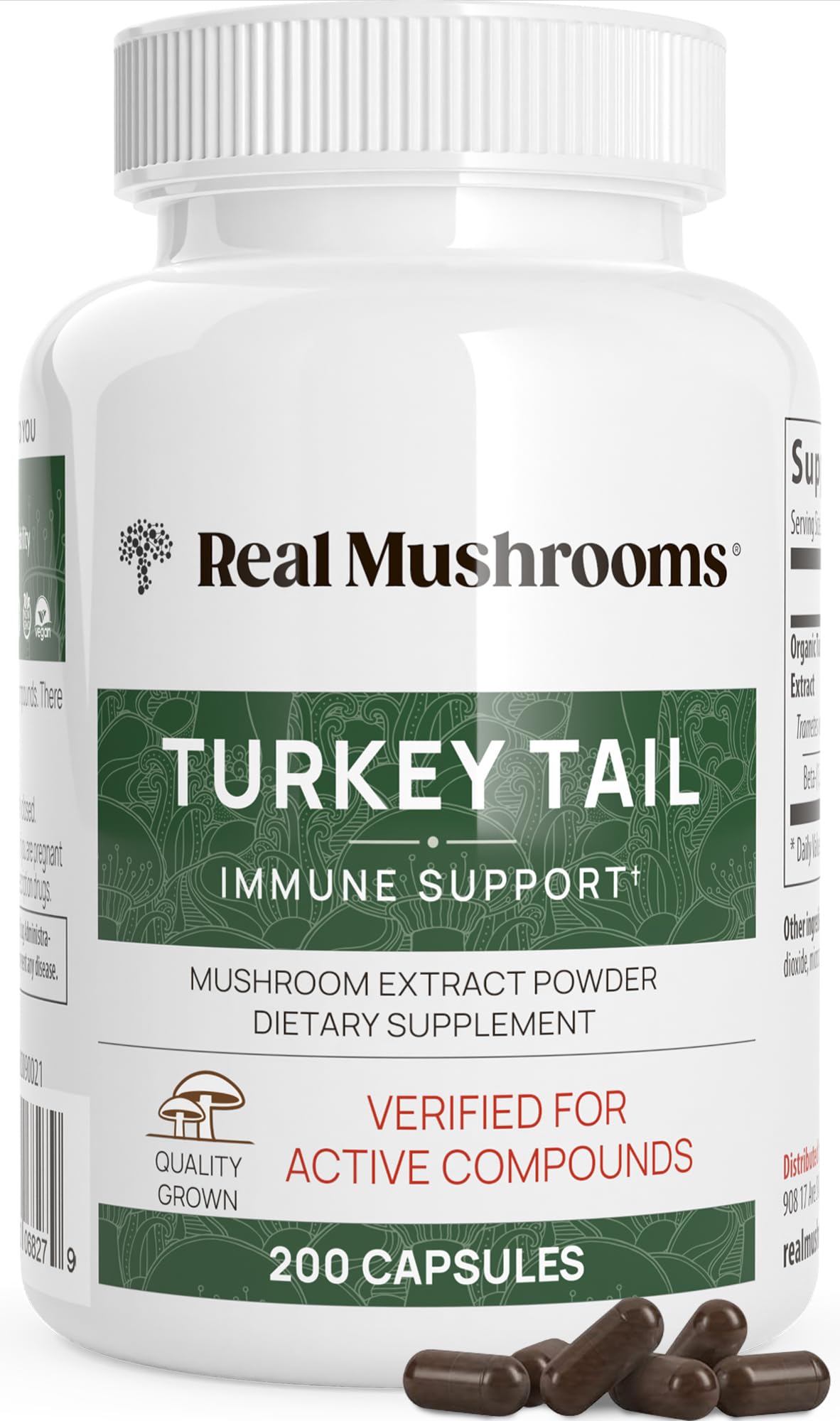 Real Mushrooms Turkey Tail capsules bottle closeup for daily wellness support