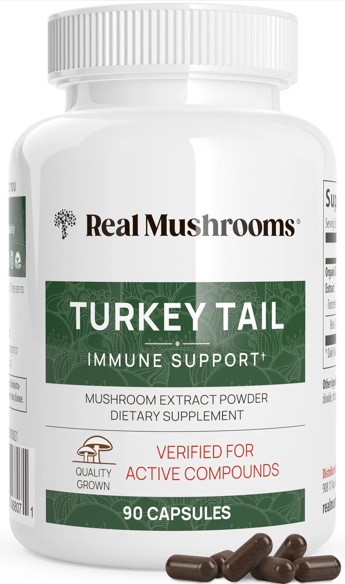 Real Mushrooms Turkey Tail capsules bottle showcases pure extract for daily balance.