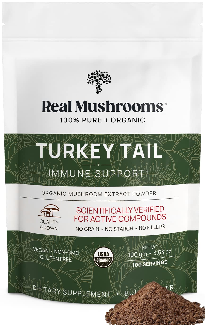 Real Mushrooms Turkey Tail powder bottle close-up for daily wellness