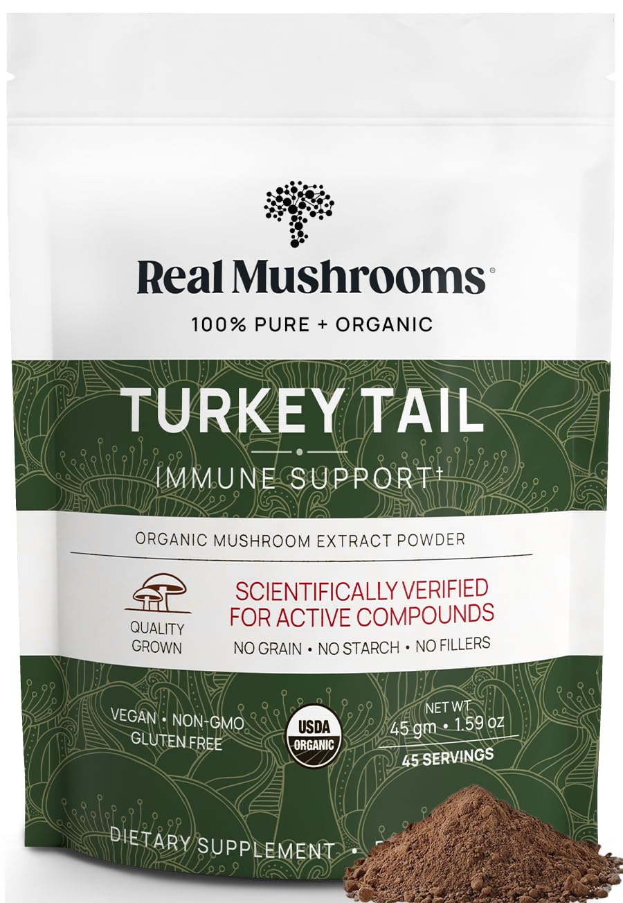Real Mushrooms Turkey Tail powder bottle for daily wellness.