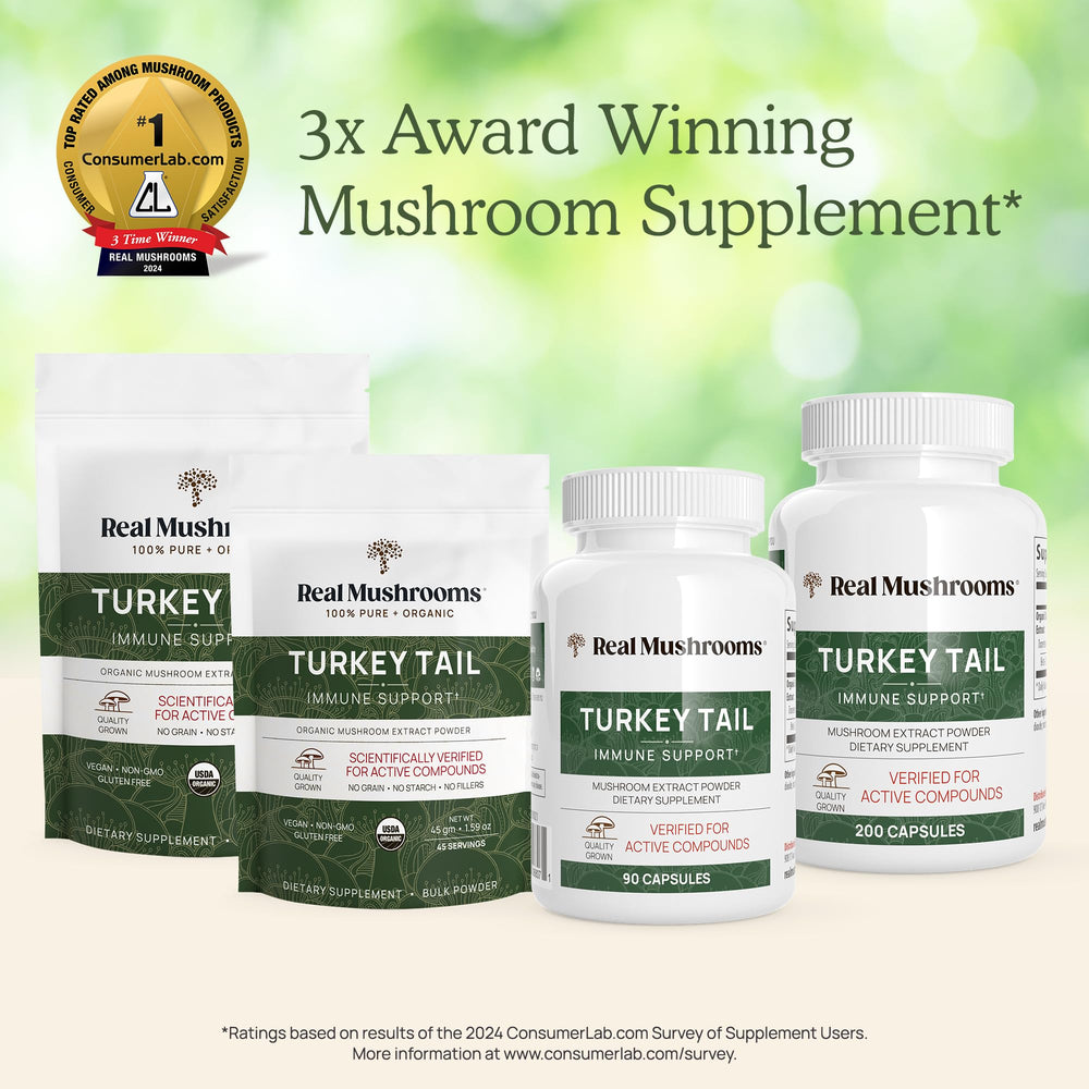Real Mushrooms turkey tail powder with measuring scoop on counter