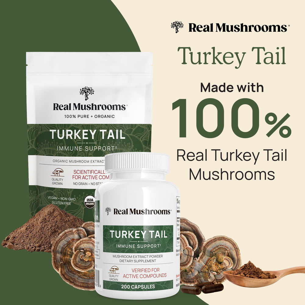 Real Mushrooms powder scoop enables precise 1 g servings.