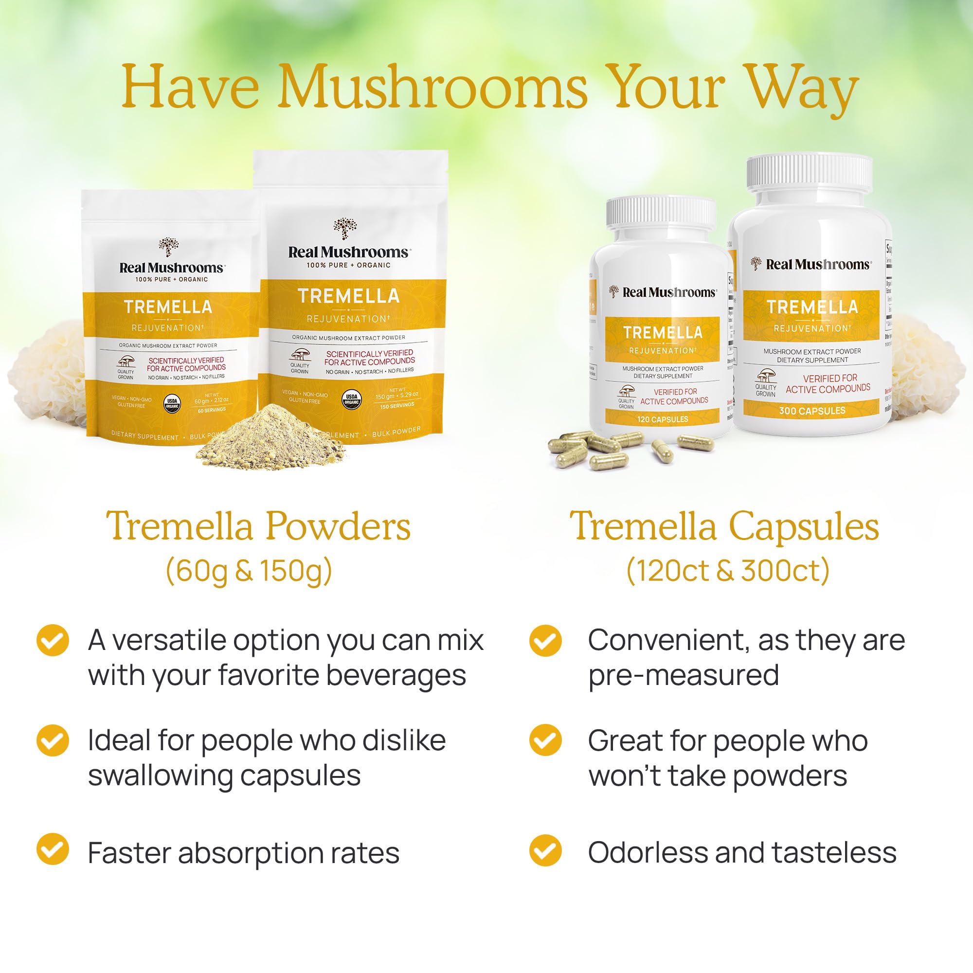 Real Mushrooms Tremella vegan gluten-free icons emphasize plant-based supplement choice.