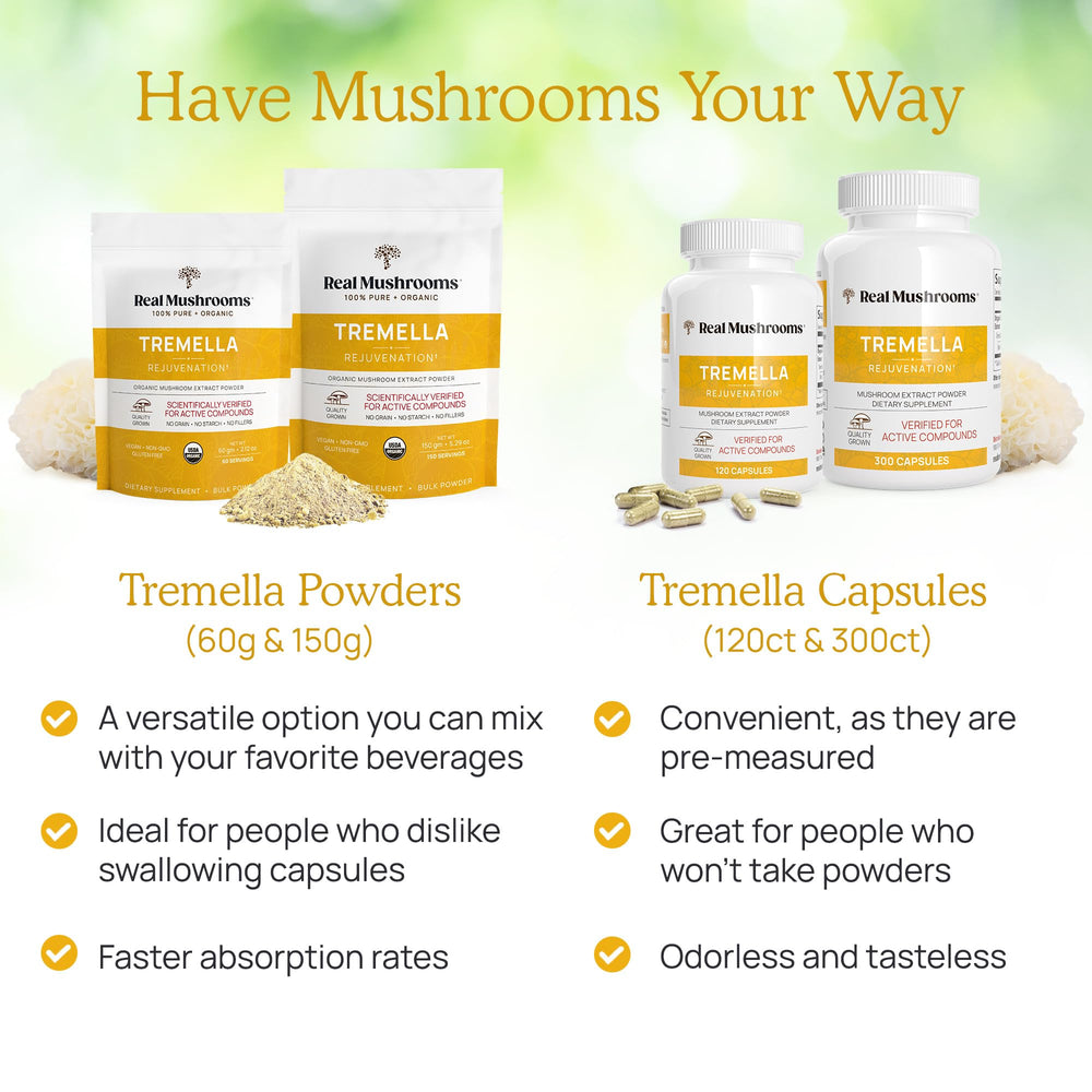 Real Mushrooms Tremella vegan gluten-free icons emphasize plant-based supplement choice.