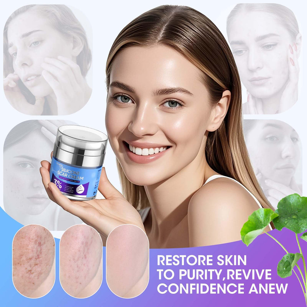 Skin texture improvement close-up implies smoother scar-prone areas after use
