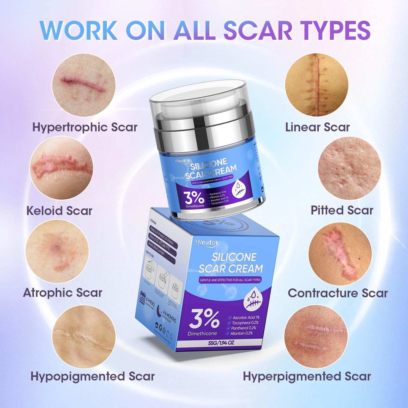 Silicone gel packaging shows travel-friendly tube for on-the-go scar care