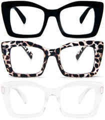 REAVEE 3 Pack oversized square reading glasses in black offer chic Oprah style for all-day wear.