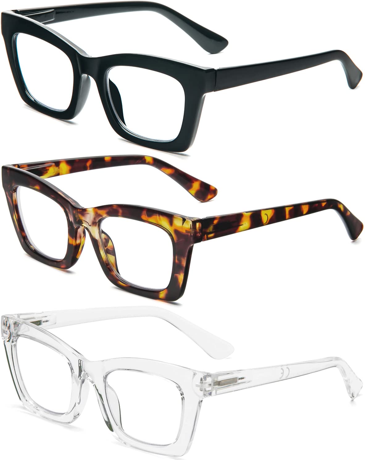 REAVEE square reading glasses for women with spring hinges and lightweight frames.
