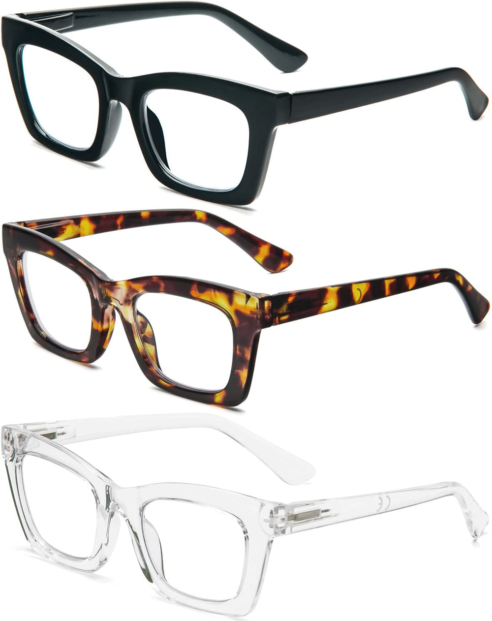 REAVEE square reading glasses for women with spring hinges and lightweight frames.