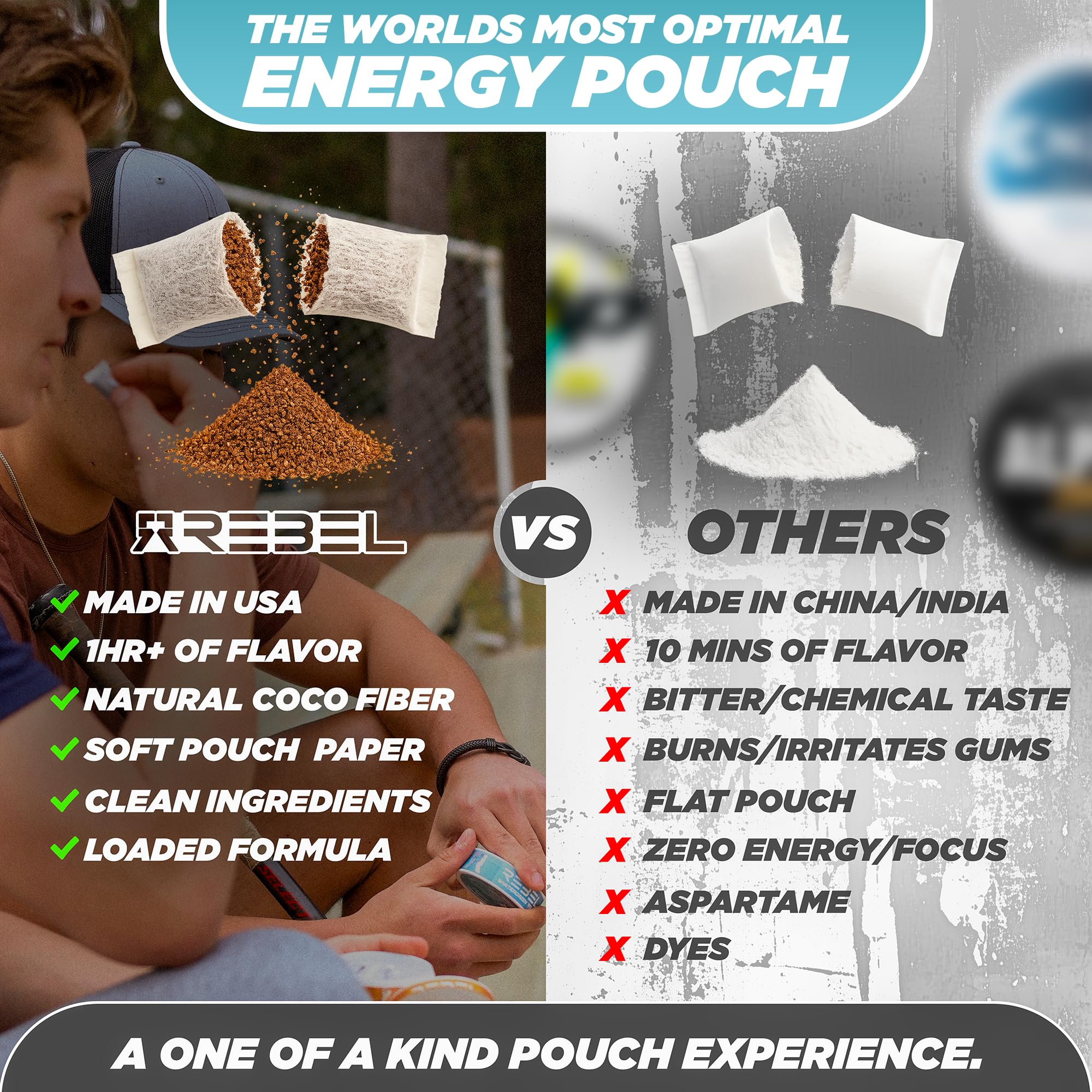 Rebel Supplements coconut fiber technology close-up shows smooth release and gum comfort.