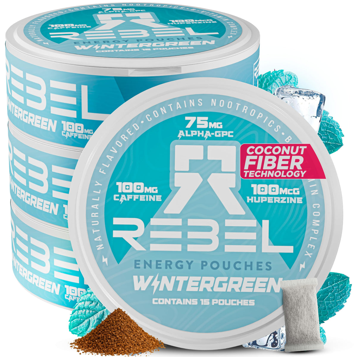 Rebel Supplements nootropic energy wintergreen pouch can for on-the-go focus.