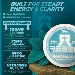 Rebel Supplements sugar-free wintergreen flavor delivers refreshing energy without aftertaste.