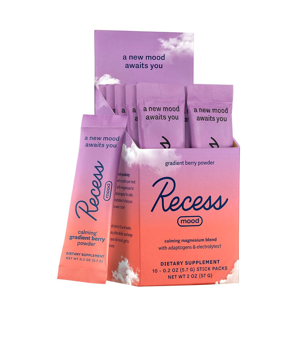 Recess Mood Powder Gradient Berry bottle on a clean surface promotes calm mood support