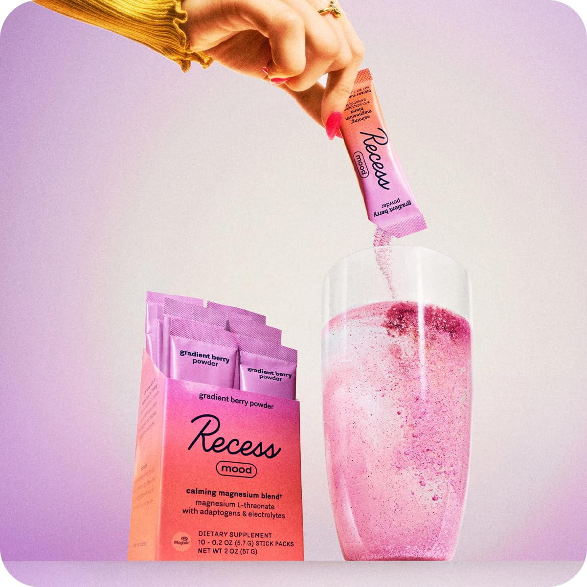 Close-up of Recess Mood Powder gradient-berry label for easy recognition