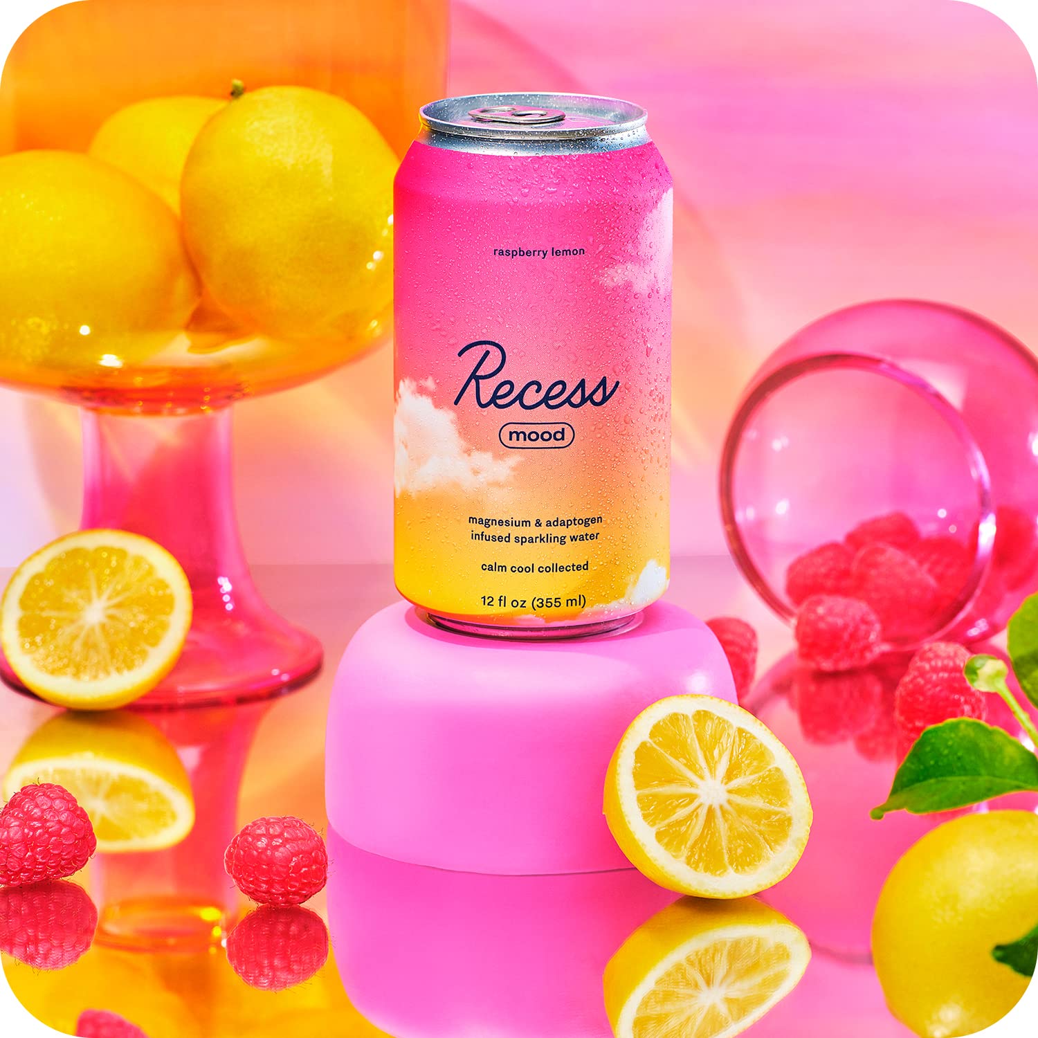 Close-up of real raspberries in Recess Mood packaging.