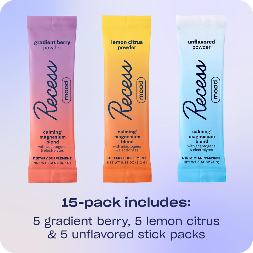 Recess Mood sampler header flavors display gradient berry lemon citrus and unflavored sticks