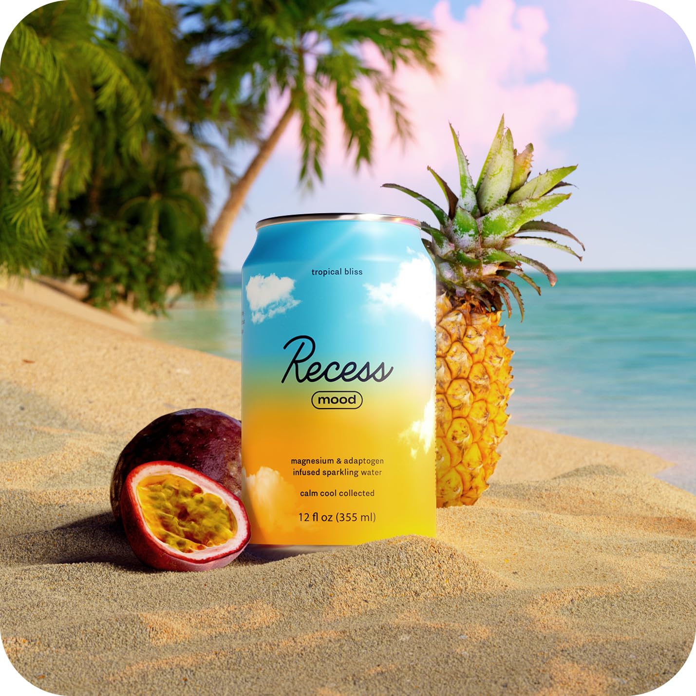 Recess Mood Tropical Bliss can in hand signals a ready-to-relax moment