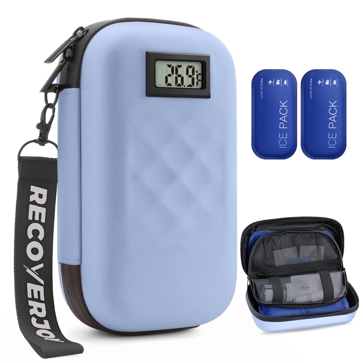 RecoverJoy insulin cooler travel case blue, front view, TSA-friendly travel companion.