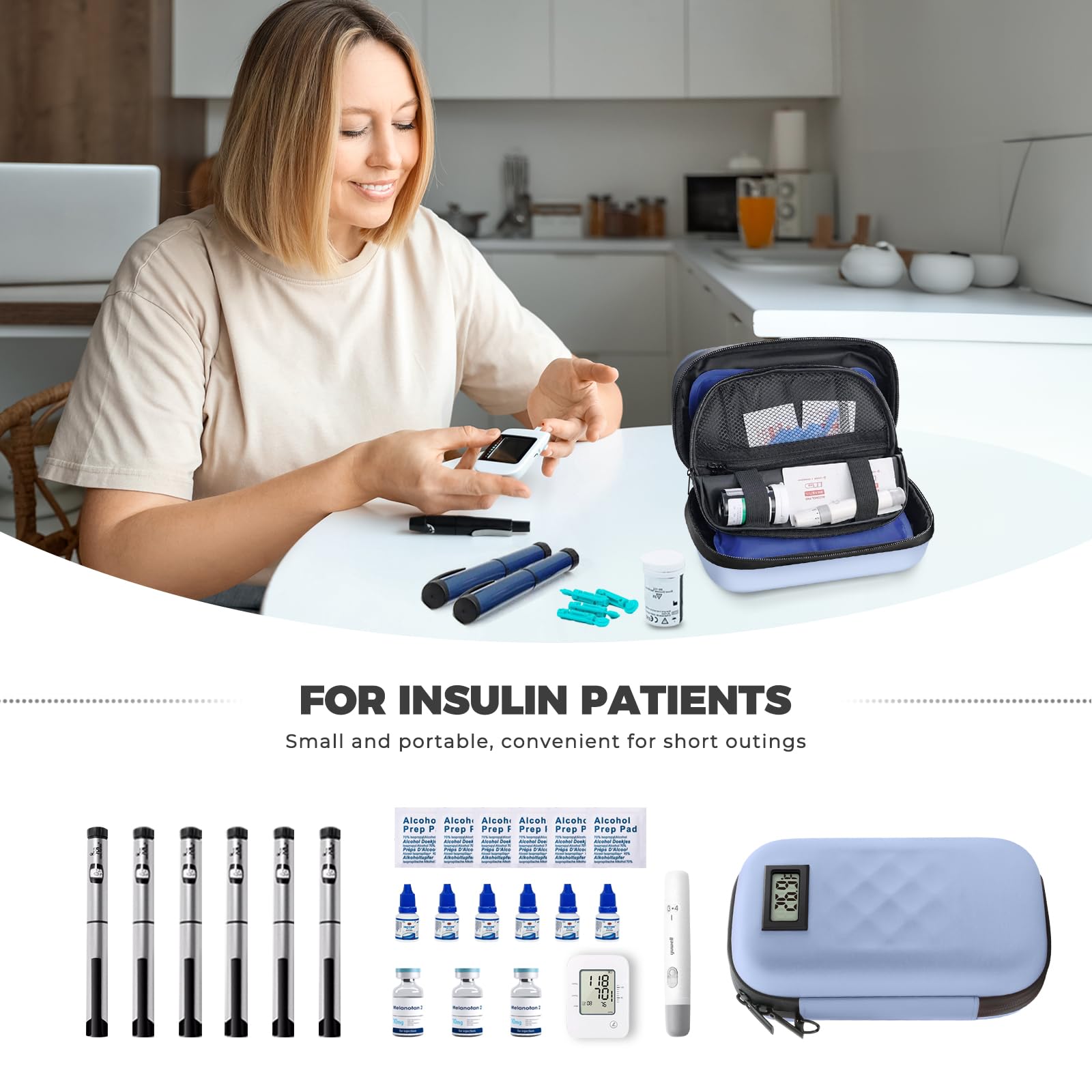 RecoverJoy insulin cooler travel case blue, premium insulation protects contents from moisture during transit.