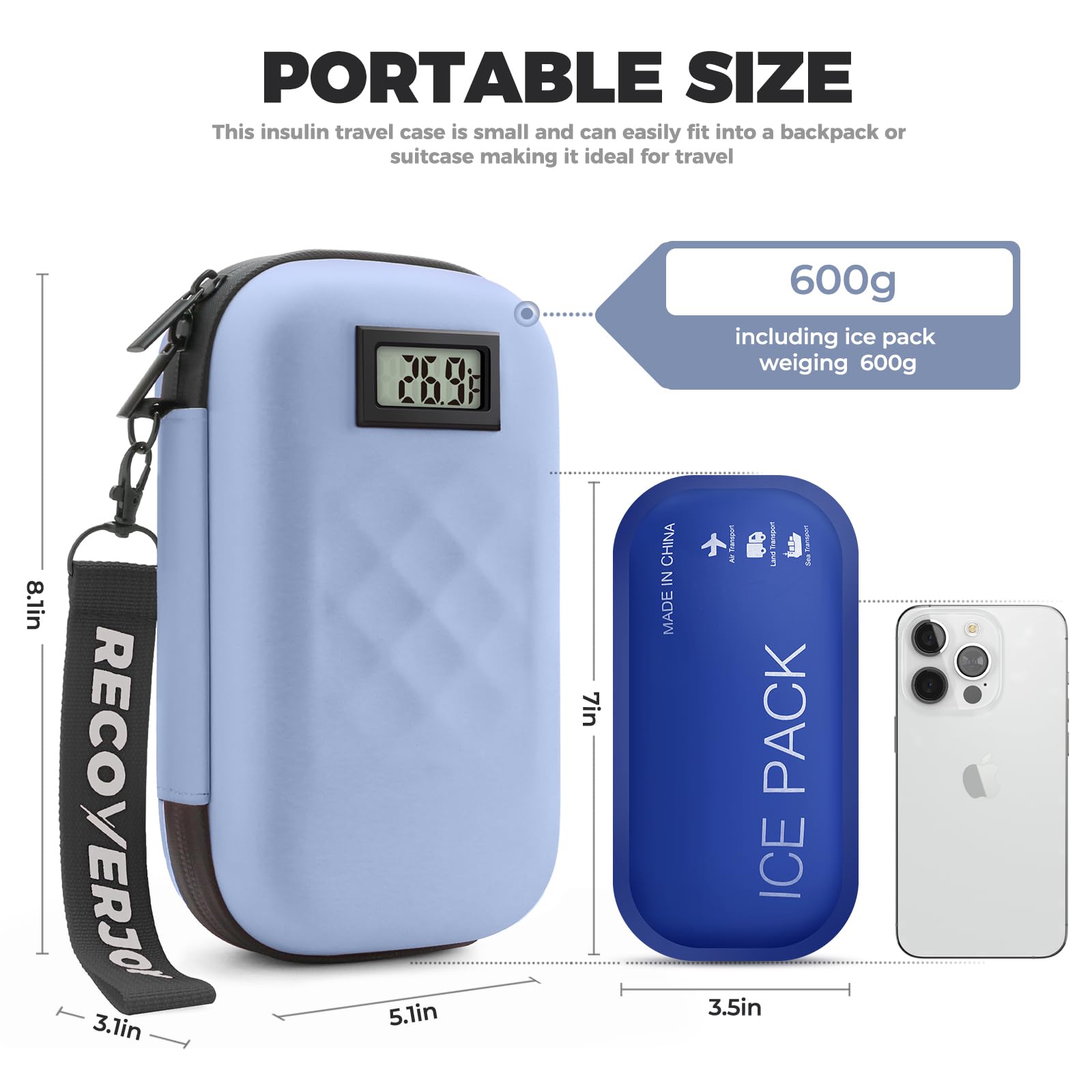 RecoverJoy insulin cooler travel case blue, interior compartment keeps pens organized.