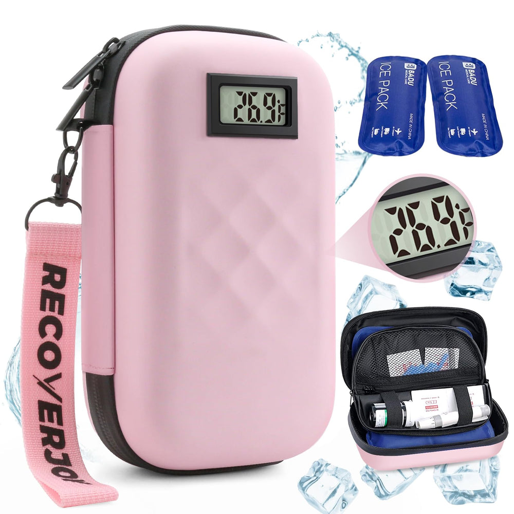 RecoverJoy insulin cooler case with temperature display for travel monitoring