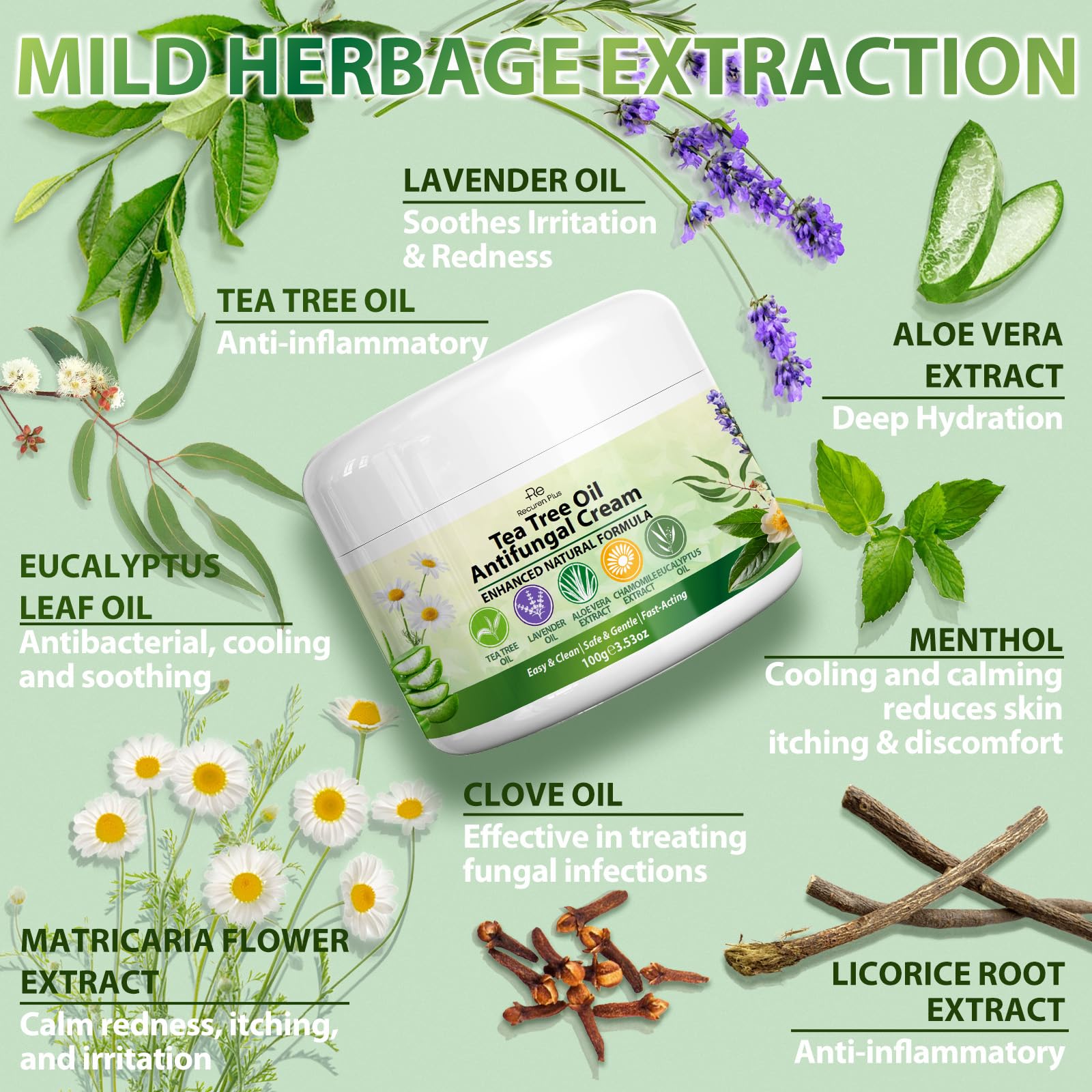 Recuren Plus tea tree oil ingredient closeup highlights natural formulation for skin support.