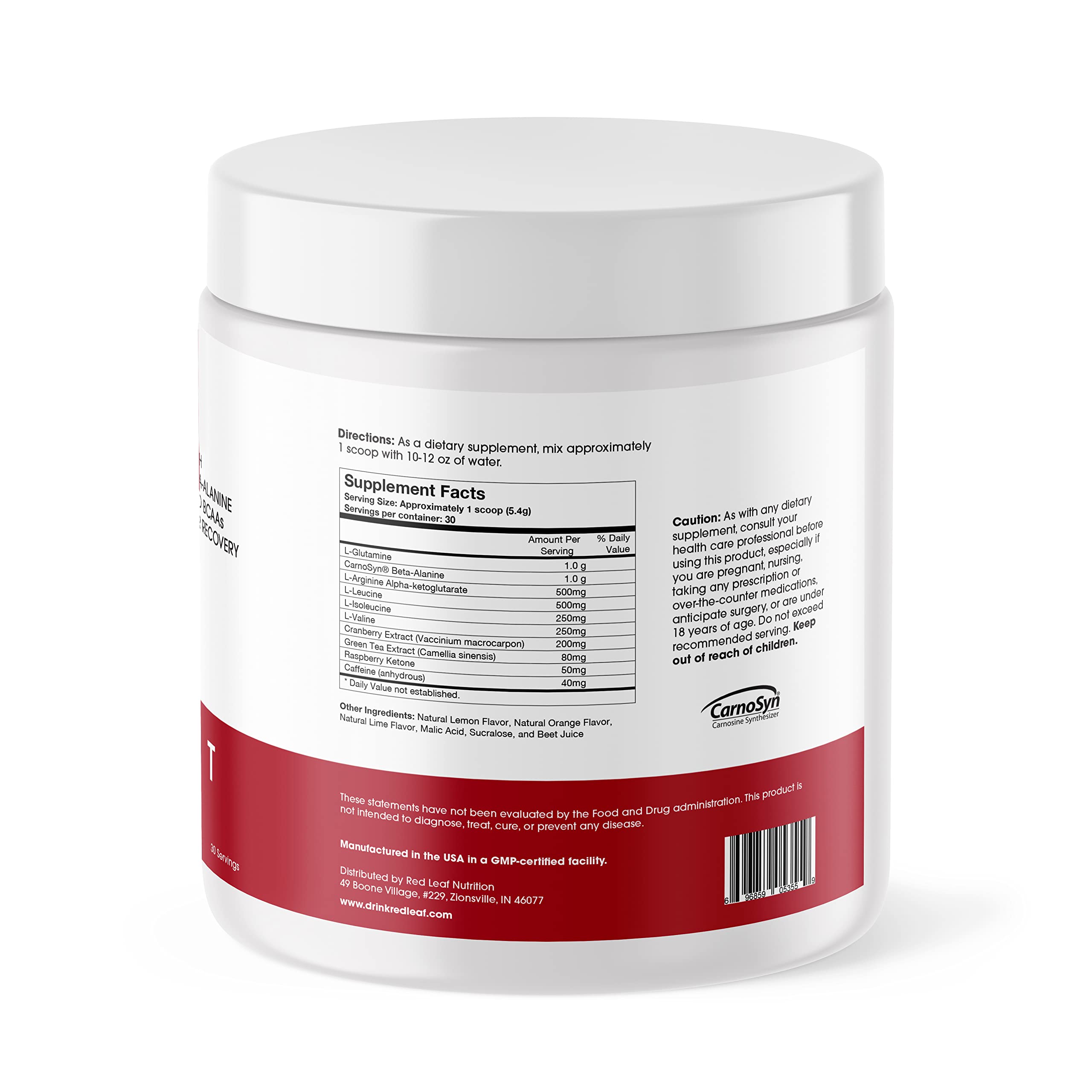 Red Leaf pre-workout powder and scoop showing precise dosing