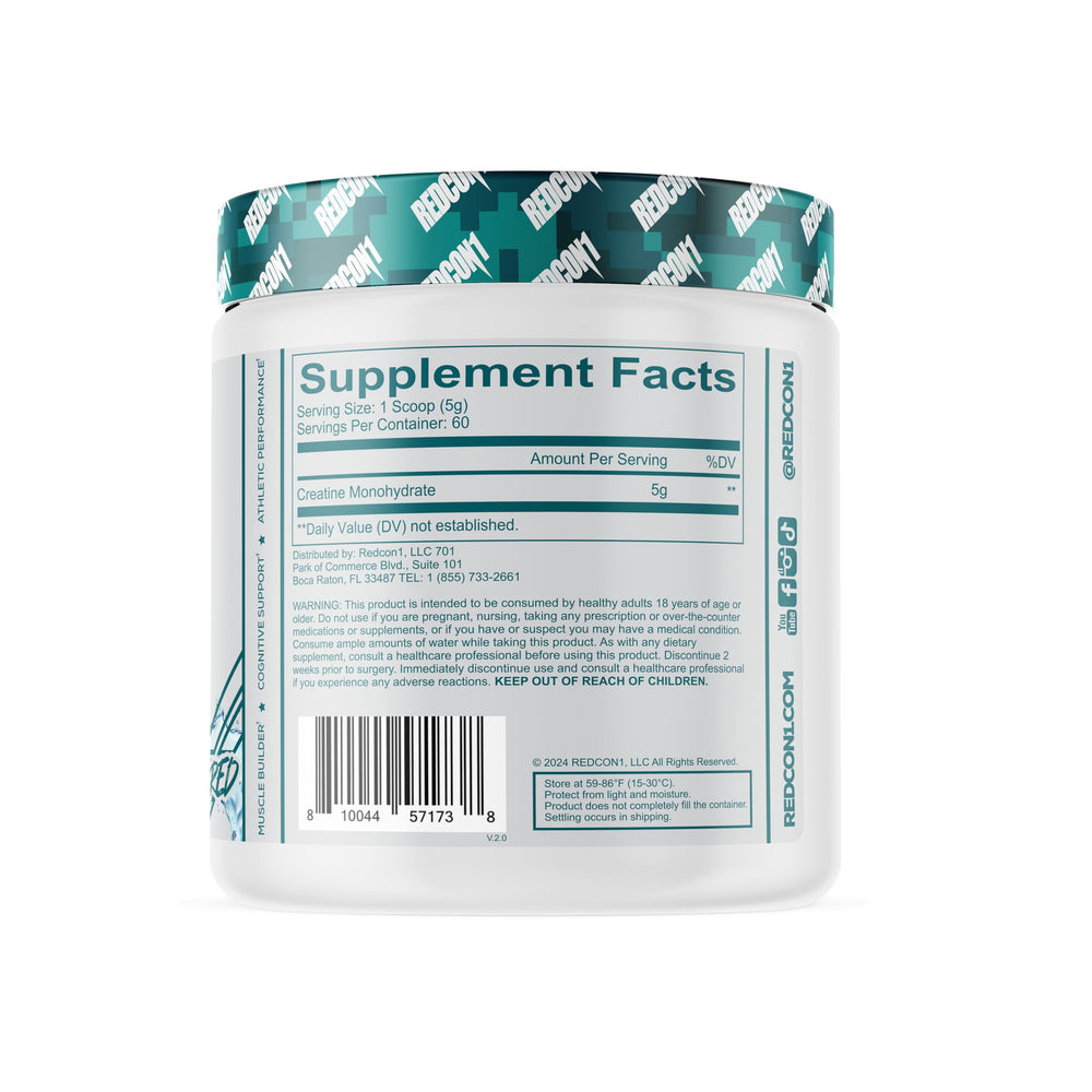 Redcon1 Creatine Monohydrate powder in glass showing quick dissolving for keto workouts