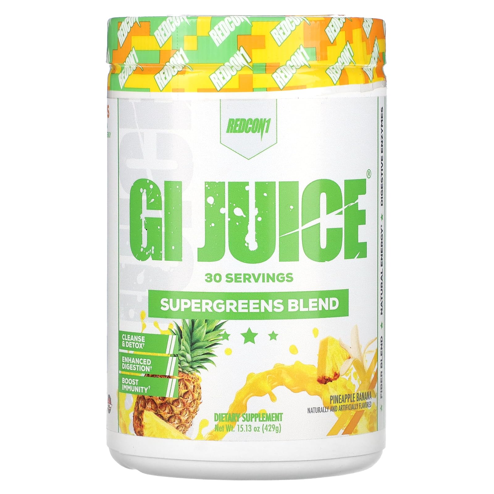 Redcon1 GI Juice bottle displaying pineapple-banana digestive enzymes for easy use