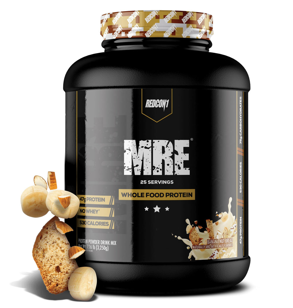 Redcon1 MRE Banana Nut Bread bottle showing ready-to-mix meal replacement shake