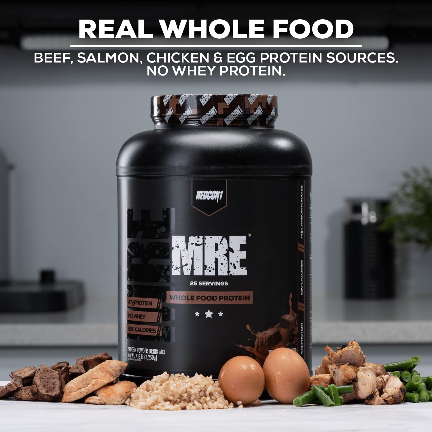 Redcon1 MRE label showing 47g protein and 5g sugar per serving.