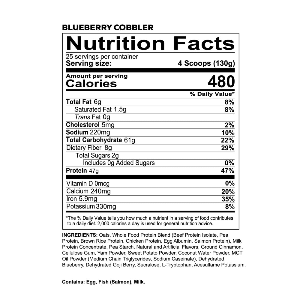 Redcon1 MRE Blueberry Cobbler pouch signaling premium, keto-friendly meal replacement.