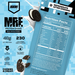 REDCON1 MRE Cookies & Cream pour demonstrates convenient ready-to-drink protein on the go.