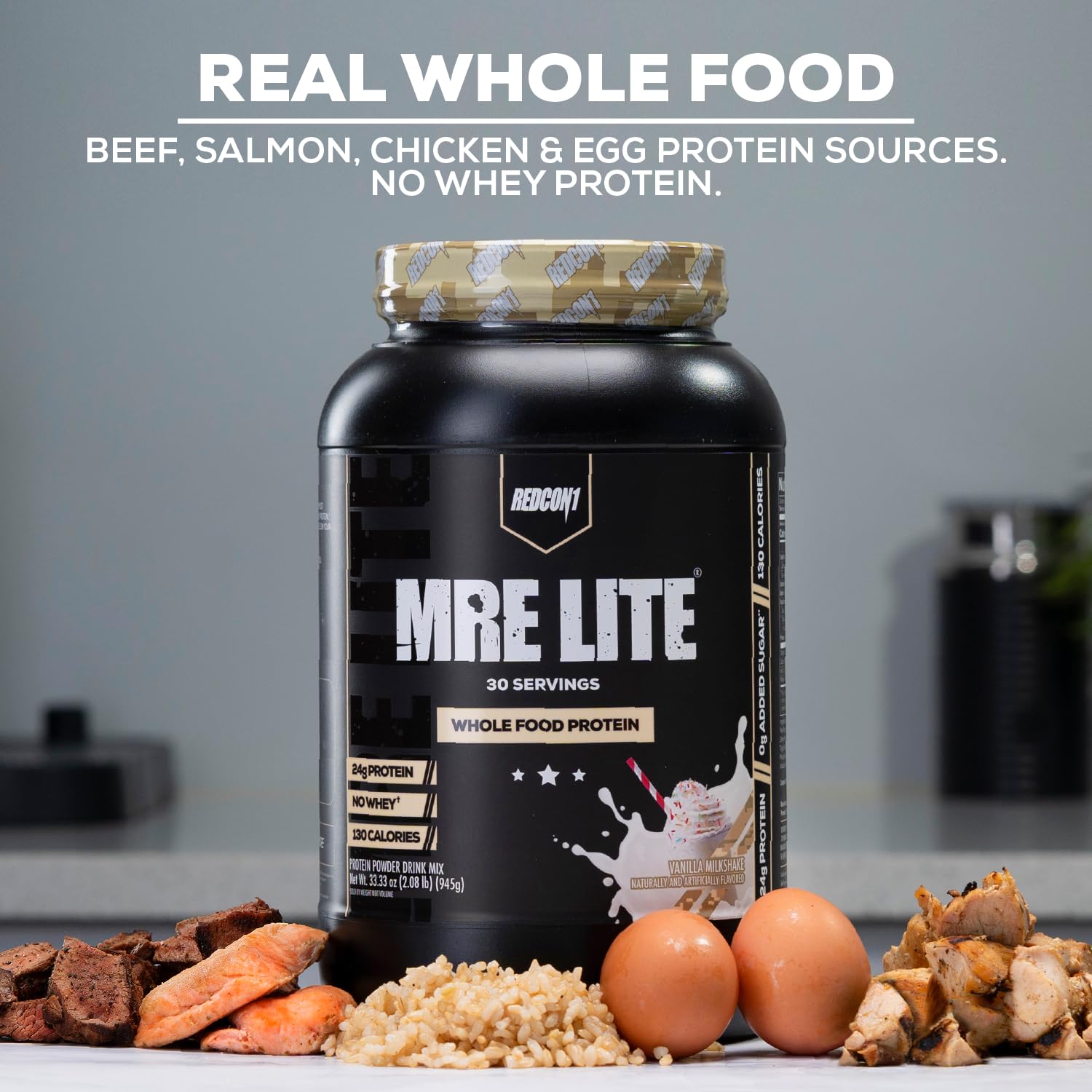 REDCON1 MRE Lite chocolate packaging on shelf highlighting premium formulated protein