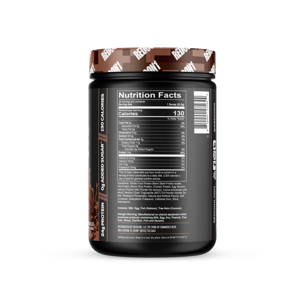 REDCON1 MRE Lite chocolate pour shot showing quick-mix powder ideal for post-workout fueling