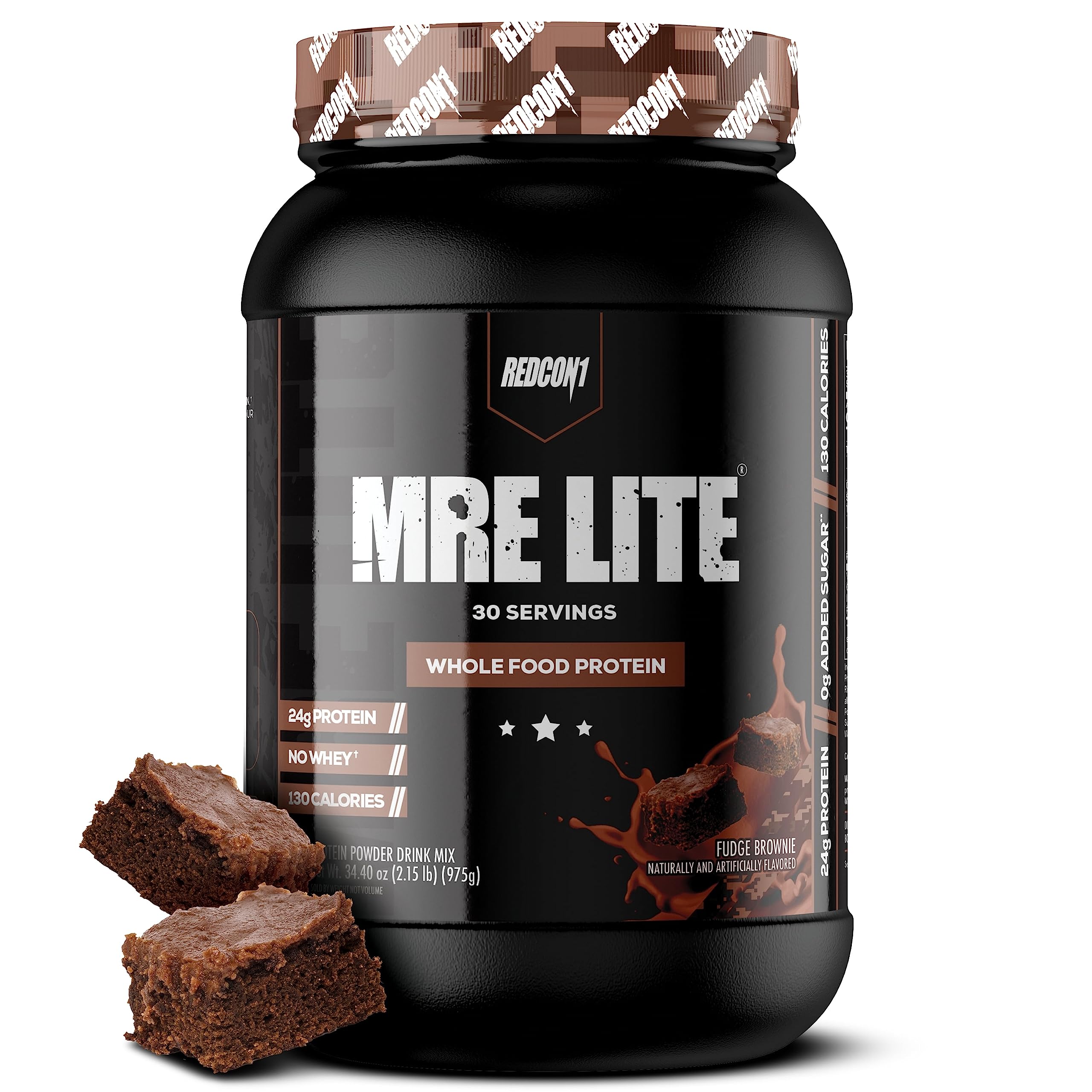 REDCON1 MRE Lite fudge brownie pack shot; low-carb meal replacement.