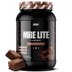 REDCON1 MRE Lite fudge brownie pack shot; low-carb meal replacement.