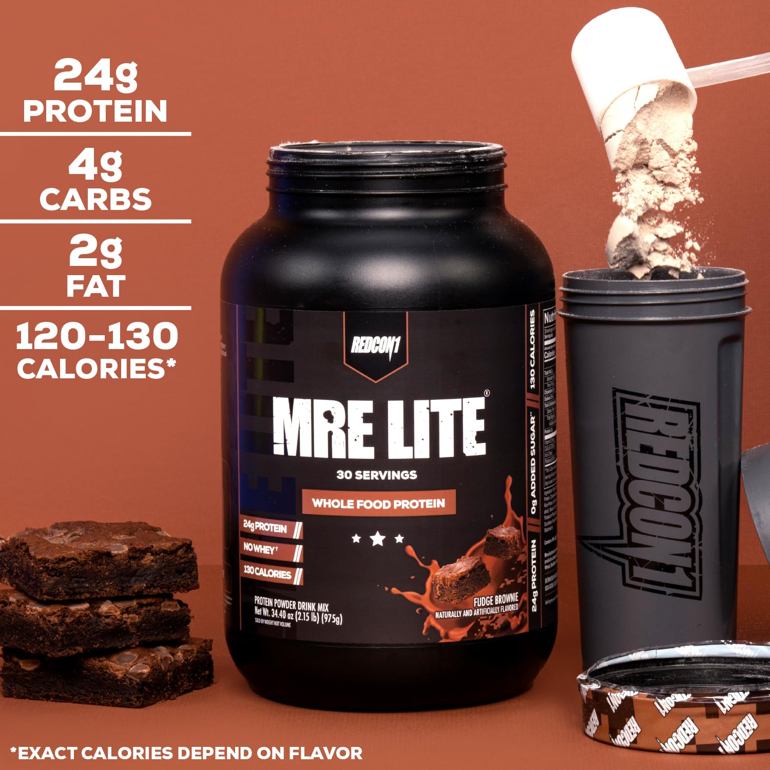 Redcon1 MRE Lite vanilla scoop measures 24g protein per serving